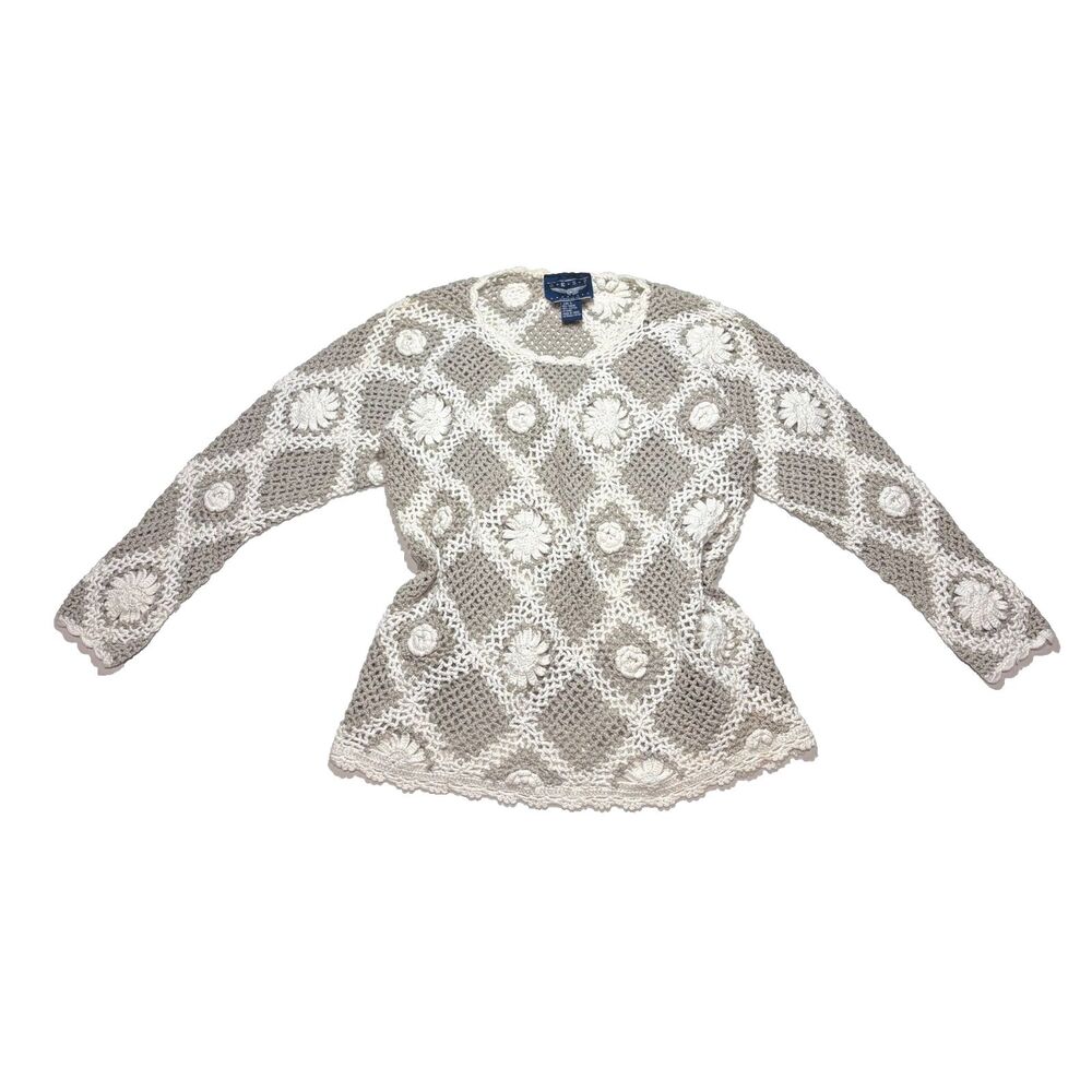 Best American Sweater Crochet Vintage Floral Knit Boho Fairy Cottagecore L